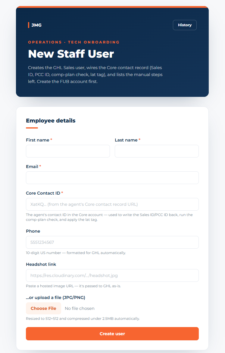 Tech onboarding app: New Staff User form